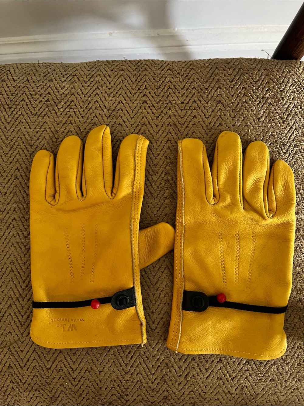 Men's Yellow Leather Work Gloves with Button Cord Closure